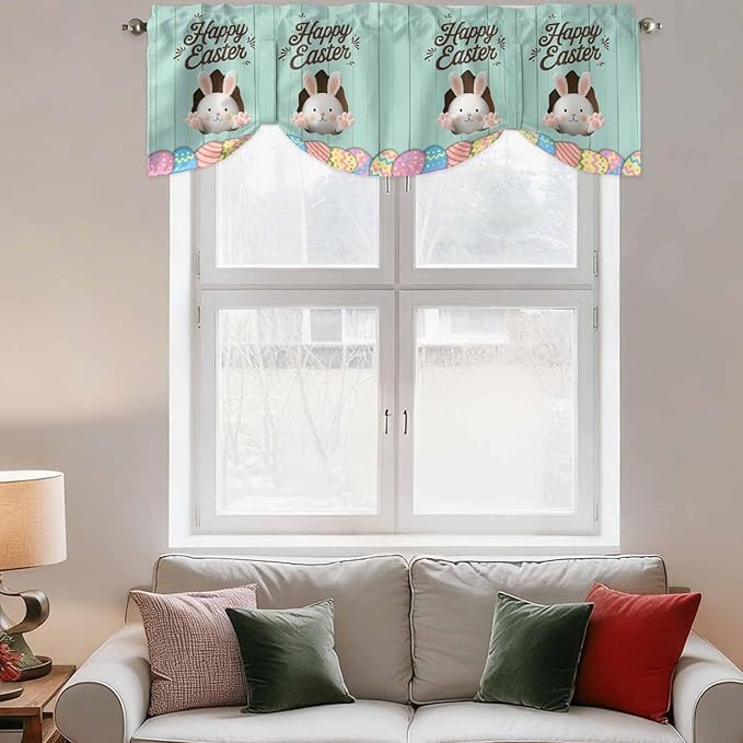 Green Easter Tie Up Valance Curtains for Windows, Kitchen Curtains Window Shades, Spring Cartoon Bunny Colorful Eggs Wood Grain Light Filtering Roman Curtain Valances for Bedroom/Bathroom/Cafe 60"x18"