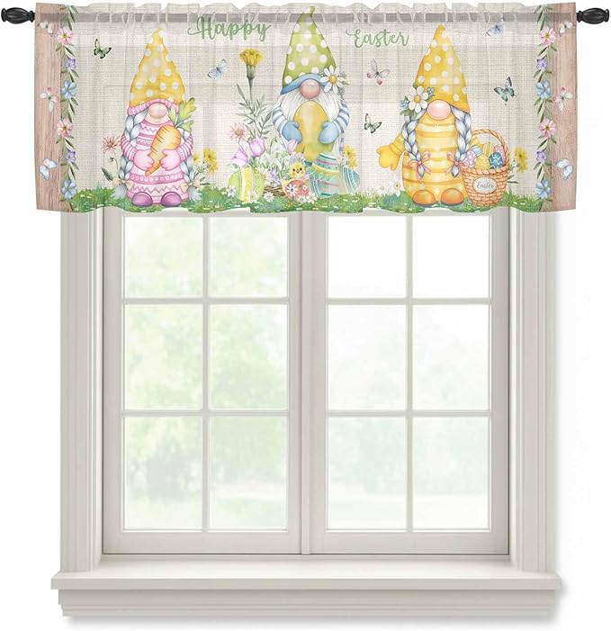 Easter Sheer Valances for Windows 60"x18", Light Filtering Kitchen Curtains Valance, Rustic Gnomes Duck Floral Colorful Eggs Wooden Grain Rod Pocket Chiffon Curtains for Living Room Bedroom Cafe
