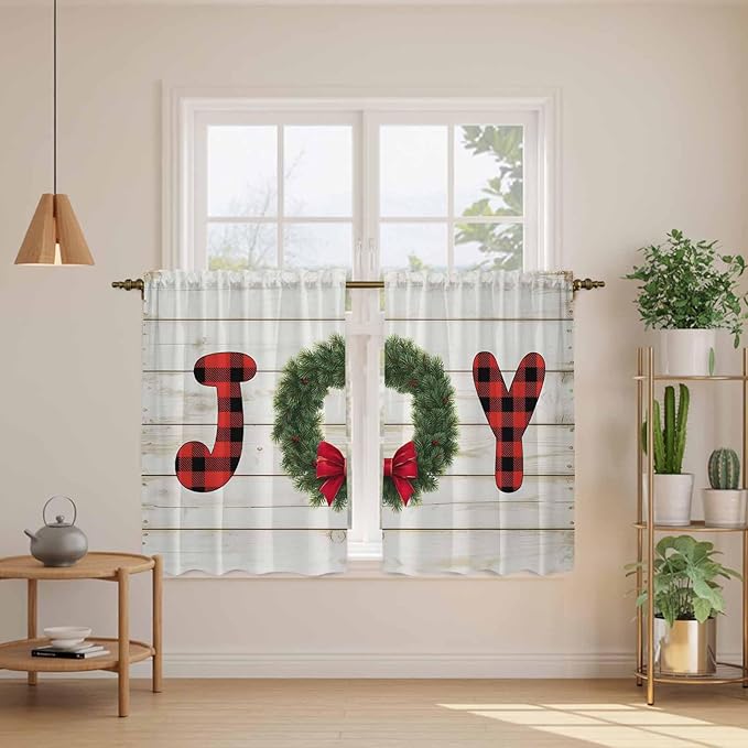 Christmas Wreaths Kitchen Curtains 45 Inch Long 2 Panel Set,Rod Pocket Window Treatment,Winter Bow Plaid Farmhouse Wooden Grain Light Filtering Short Curtains & Drapes for Bathroom Laundry 52"W x 45"L