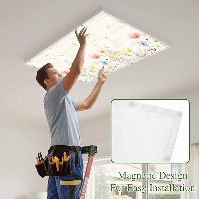 Fluorescent Light Covers for Ceiling Lights Spring Poppy Floral Magnetic Light Filters 3 Pack 4x2 ft Wildflower Vintage Ceiling Lights Cover for Classroom Office School Home Drop Lamp Decor