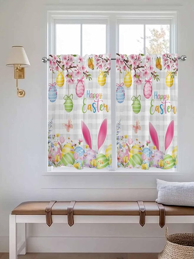 Happy Easter Kitchen Curtains 54 Inches length, Spring Watercolor Bunny Eggs Flower Grey Plaid Window Treatment Curtain Drapes, Decorative Window Curtains for Bedroom Cafe, 52"x54", 2 Panels