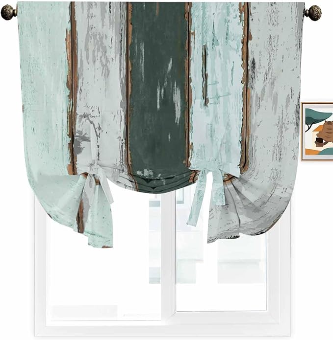 Tie Up Curtains for Windows, Blue Teal Adjustable Balloon Nature Linen Textured Kitchen Curtain, Vintage Wooden Retro Art Farmhouse Barns Thermal Insulated Curtains for Window, 42" x 54"