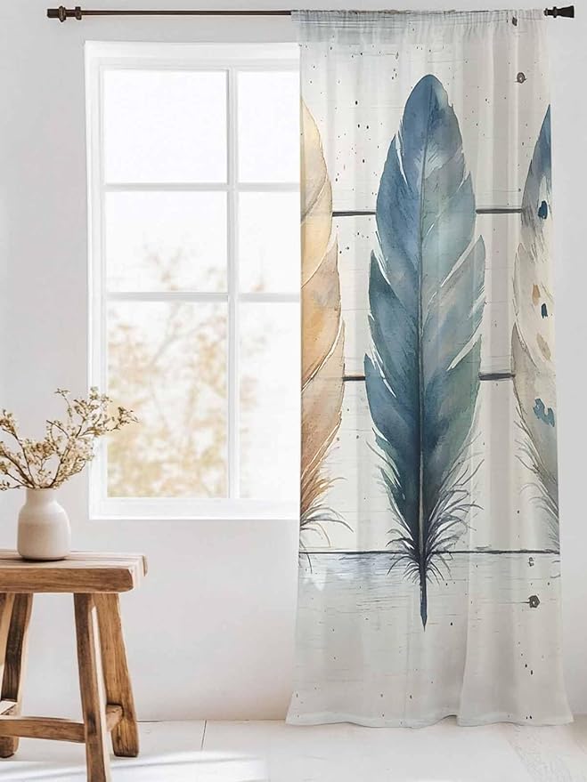 Sheer Curtains 108 Inches Long, Boho Blue Feathers Semi Sheer Curtains Light Filtering Window Treatment, Country Vintage Wooden Grain Privacy Voile Drapes for Living Room Bedroom 52x108 Inch