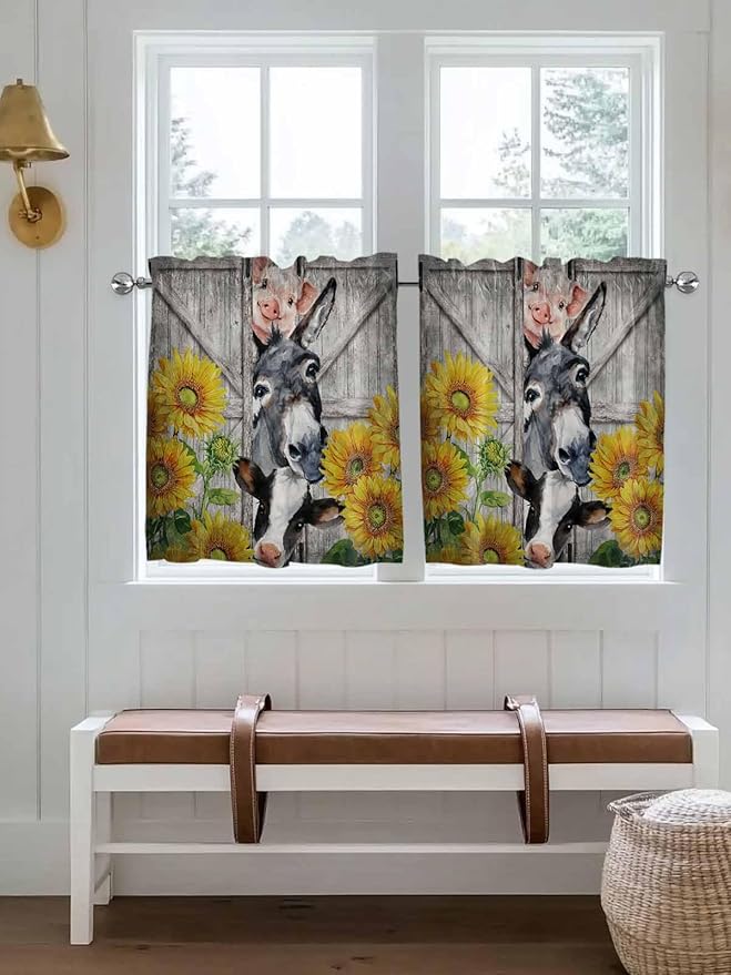 Farmhouse Half Window Curtains 24 Inches Long, Vintage Sunflowers Animals Printed Wood Grain Window Treatment Curtain Drapes, Short Curtains Tiers for Kitchen Over Sink, 27.5"x24", 2 Panels