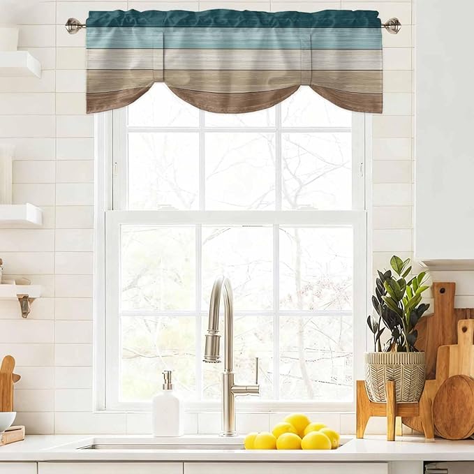Teal Brown Tie Up Valance Curtains for Windows, Kitchen Curtains Window Shades, Farmhouse Vintage Abstract Wooden Grain Light Filtering Roman Curtain Valances for Bedroom/Bathroom/Cafe 54"x18"