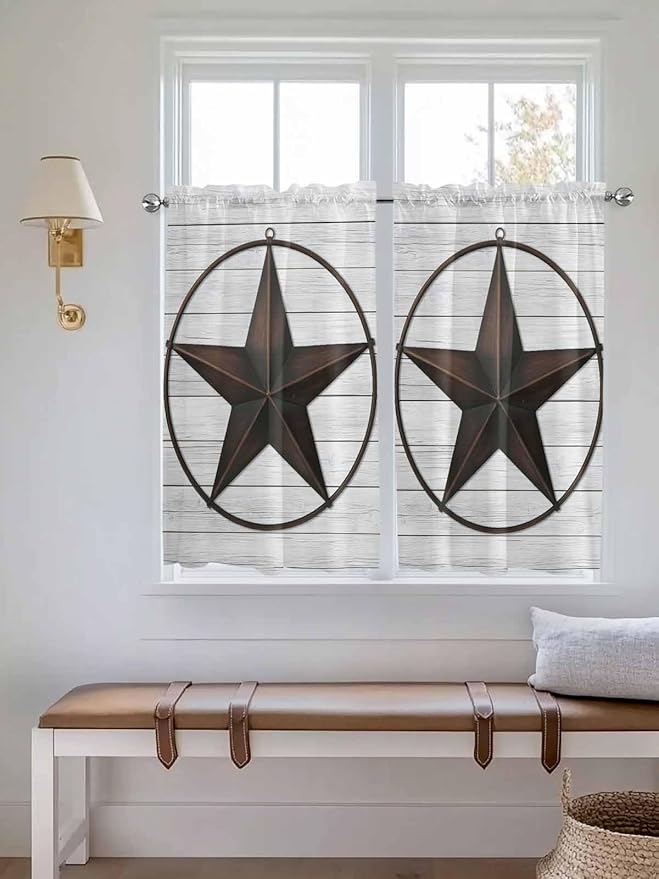 Vintage Farm Western Star Window Valance Curtains, White Wood Grain Light Filtering Kitchen Valance with 3-inch Rod Pocket for Living Room Bathroom Bedroom,2 Panel,42x54In
