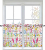 Happy Easter Half Window Curtain 36 Inches Long, Spring Bunny Colorful Eggs Flower Plaid Window Treatment Curtain Drapes, Small Tier Curtains for Bathroom Over Sink, 27.5"x36", 2 Panels
