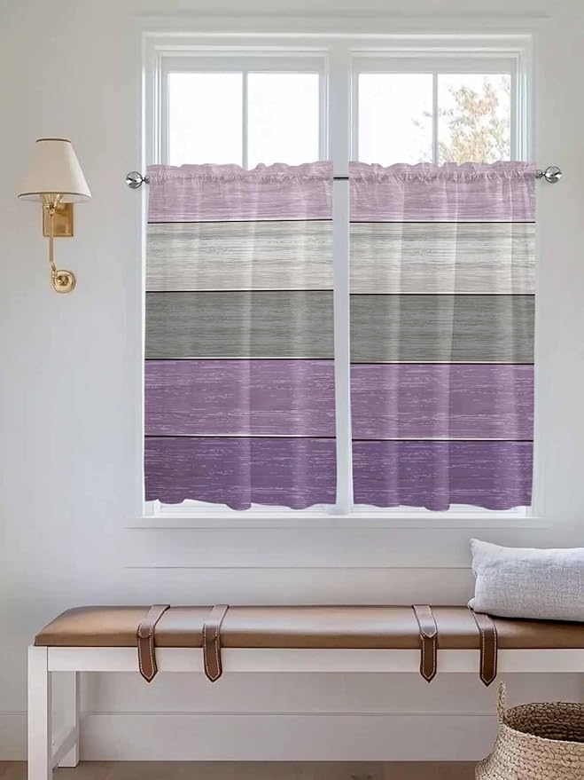 Country Wood Board Gray Purple Window Valance Curtains, Farmhouse Gradient Plank Light Filtering Kitchen Valance with 3-inch Rod Pocket for Living Room Bathroom Bedroom,2 Panel,52x54In
