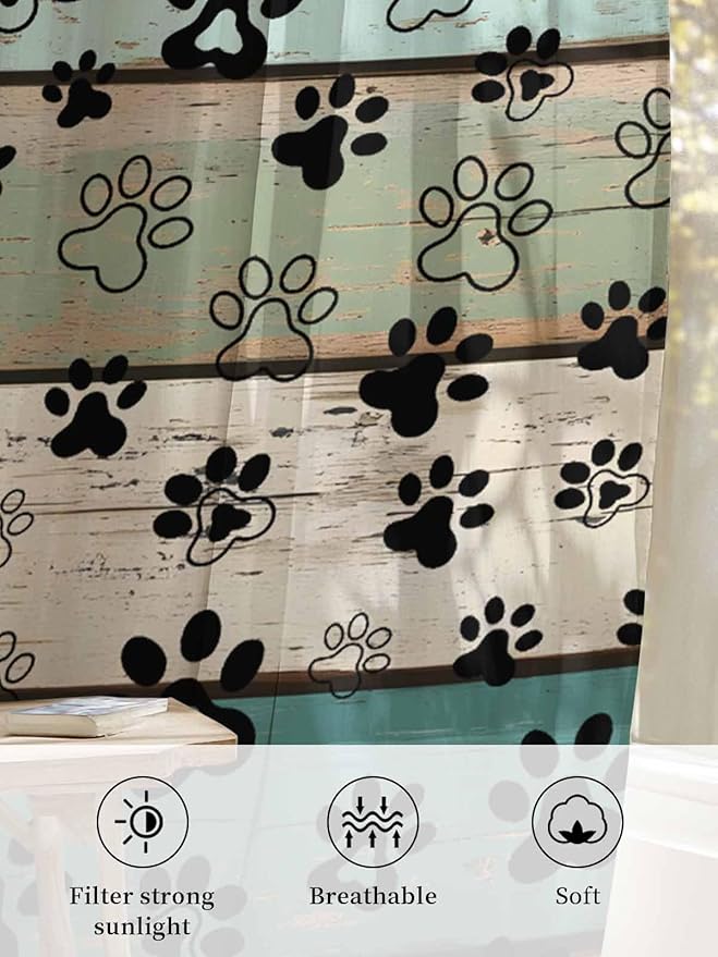 Sheer Curtains 108 Inches Long, Sage Green Brown Paw Prints Semi Sheer Curtains Light Filtering Window Treatment, Vintage Farmhouse Wooden Grain Privacy Voile Drapes for Living Room 52x108 Inch