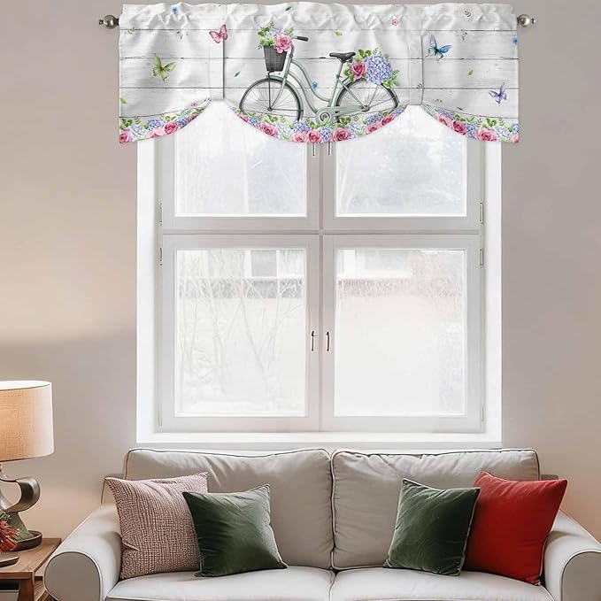 Spring Tie Up Valance Curtains for Windows, Kitchen Curtains Window Shades, Bicycles Botanical Rose Leaves Butterfly Wood Grain Light Filtering Roman Curtain Valances for Bedroom/Bathroom/Cafe 54"x18"
