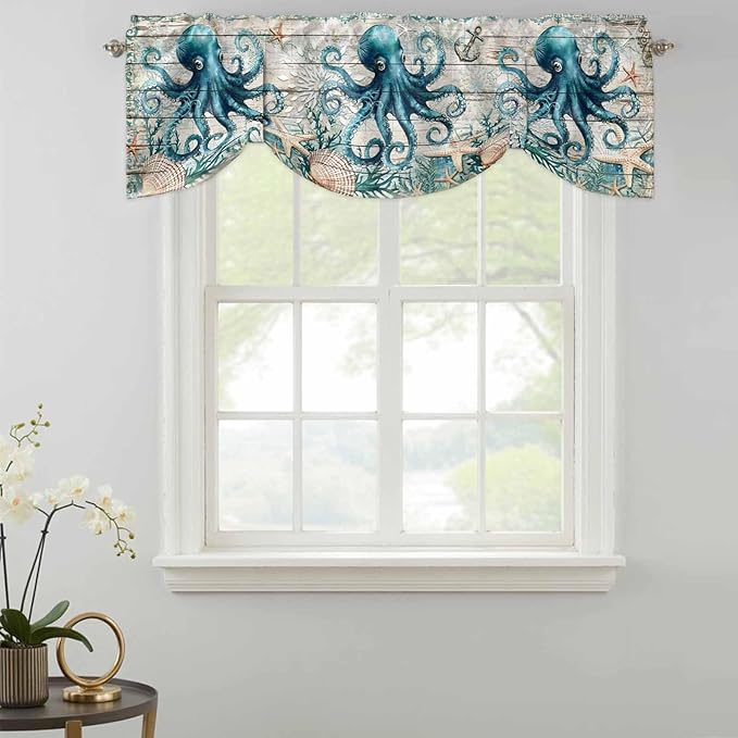 Sea Octopus Ocean Starfish Tie Up Valance Curtains,Nautical Anchor Vintage Wood Grain Kitchen Light Filtering Window Treatments with 3-inch Rod Pocket for Living Room,Bedroom,54x18In