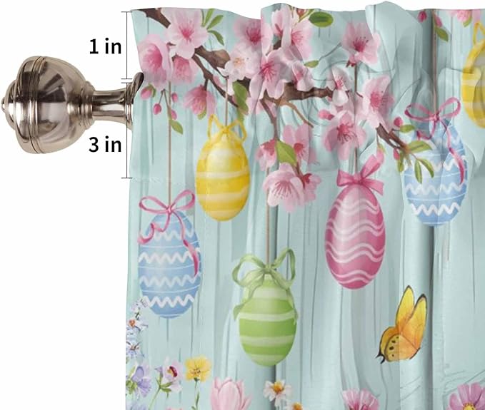 Happy Easter Kitchen Curtains 54 Inches Length, Spring Bunny Eggs Flower Teal Wood Grain Window Treatment Curtain Drapes, Decorative Window Curtains for Bedroom Cafe, 52"x54", 2 Panels