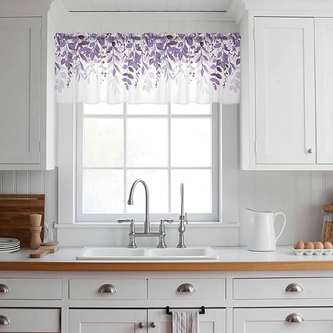 Eucalyptus Leaves Sheer Valance Curtains, Purple Leaves Idyllic Winds Farmhouses Light Filtering Kitchen Valances Rod Pocket Voile Curtain Window Treatment for Bedroom/Living Room/Basement 54Wx18L