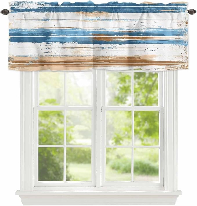 Vintage Blue Valances for Windows, Brown Wood Grain Mottled Texture Abstract Art Kitchen Valance Light Filtering Rod Pocket Short Curtains for Kitchen Bathroom, 1 Panel, 60"x14"
