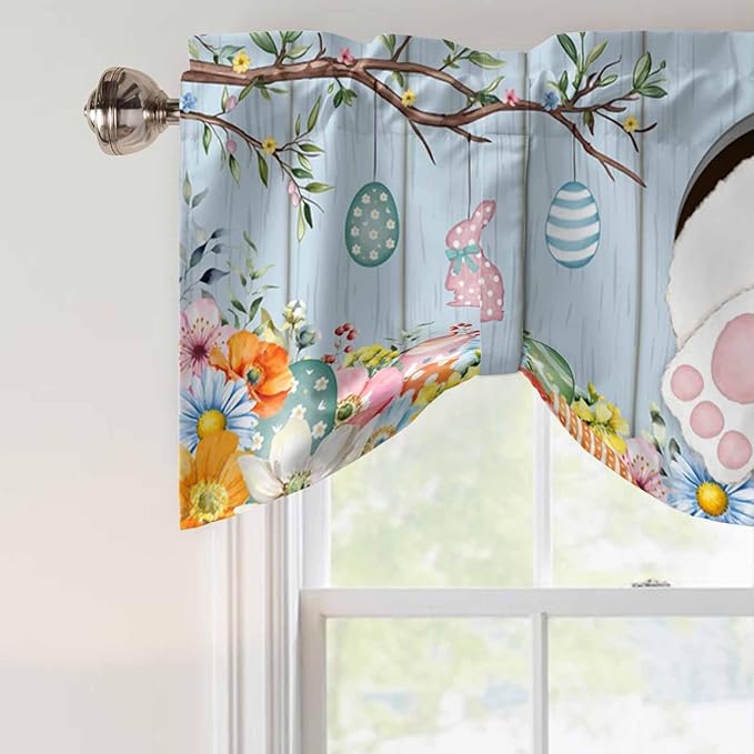 Easter Tie Up Valance Curtains for Windows, Kitchen Curtains Window Shades, Spring Watercolor Bunny Eggs Flower Wood Grain Blue Light Filtering Roman Curtain Valances for Bedroom/Bathroom/Cafe 60"x18"
