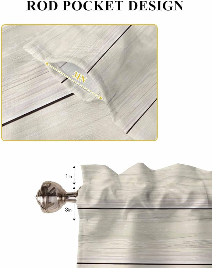 Vintage Country Wooden Board Window Valance Curtains, Gradient Wood Grain Line Light Filtering Kitchen Valance with 3-inch Rod Pocket for Living Room Bathroom Bedroom,2 Panel,27.5x36In