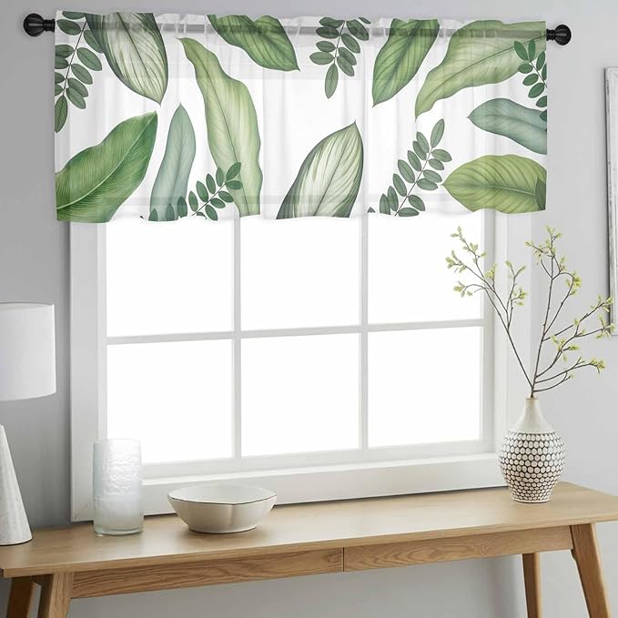 Summer Palm Leaf Sheer Valance Curtains, Green Tropical Plants Nature Leaves Modern Light Filtering Kitchen Valances Rod Pocket Voile Curtain Window Treatment for Bedroom/Living Room/Basement 60Wx18L
