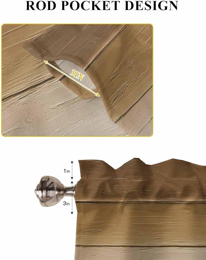 Vintage Brown Gradient Wood Grain Window Valance Curtains, Farmhouse Wood Barn Light Filtering Kitchen Valance with 3-inch Rod Pocket for Living Room Bathroom Bedroom,2 Panel,27.5x45In