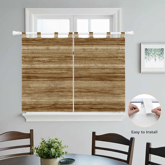 Vintage Western Kitchen Curtains 45 Inch Length, Short Cafe Window Curtains Tab Top, Rustic Farmhouse Wooden Grain Barn Door Light Filtering Window Treatments Tier Drapes 27.5"x45" 2 Panel