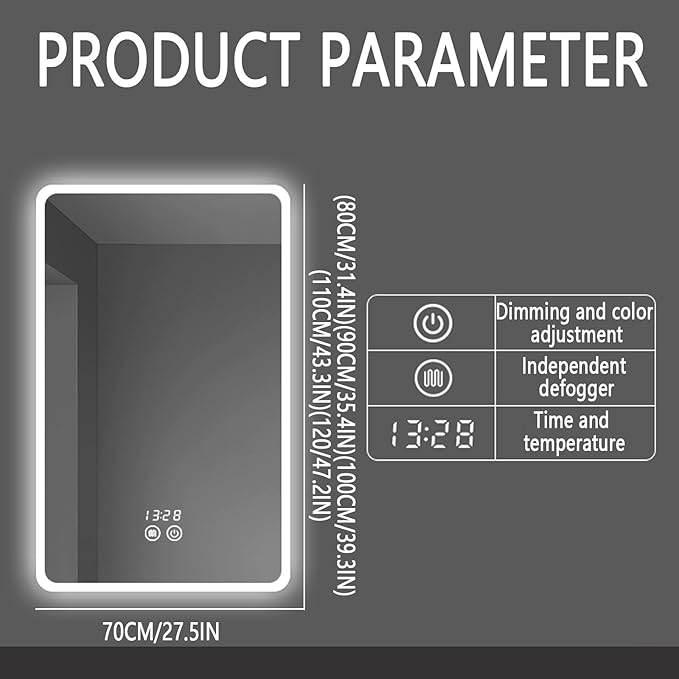 Backlit LED Illuminated Bathroom Mirror with LED Lights, Lighted Bathroom Makeup Wall Mounted Mirror with Demister Pad, Sensor Touch Switch, Horizontal/Vertical(H70*W120/H27.5*W47.2IN)