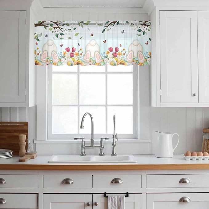 Easter Sheer Valances for Windows 42"x12", Light Filtering Kitchen Curtains Valance, Spring Watercolor Eggs Country Tulip Flower Plant Rod Pocket Chiffon Curtains for Living Room Bedroom Cafe
