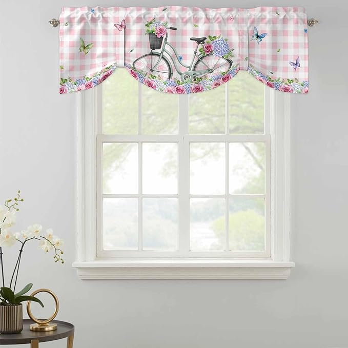 Spring Tie Up Valance Curtains for Windows, Kitchen Curtains Window Shades, Bicycles Leaves Butterfly Flowers Pink Buffalo Plaid Light Filtering Curtain Valances for Bedroom/Bathroom/Cafe 42"x12"