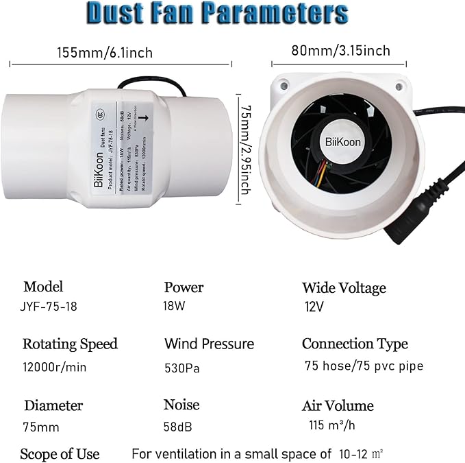 12V Inline Duct Fan 3 Inch 75Mm Ventilation Exhaust Booster 18W 68 Cfm Intake Fume Extractor Blower for Grow Tent Attic Kitchen (Color : NO Adjustable Speed, Size : 18w)