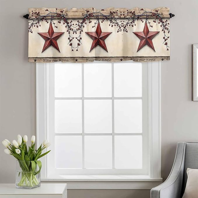 Farmhouse American Valances for Windows, Country Star Berries Vintage Wood Grain Kitchen Valance Light Filtering Rod Pocket Short Curtains for Kitchen Bathroom, 1 Panel, 54"x18"