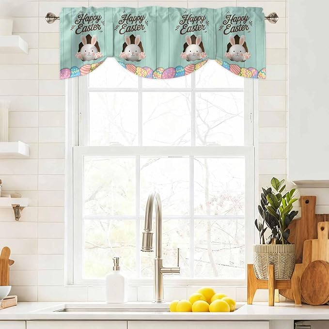 Green Easter Tie Up Valance Curtains for Windows, Kitchen Curtains Window Shades, Spring Cartoon Bunny Colorful Eggs Wood Grain Light Filtering Roman Curtain Valances for Bedroom/Bathroom/Cafe 42"x12"