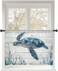 Sheer Curtains 45 Inch Length, Teal Green Ocean Turtle Semi Sheer Curtains Light Filtering Window Treatment, Coastal Seaweed Wood Grain Privacy Voile Drapes for Living Room Bedroom 52x45 Inch