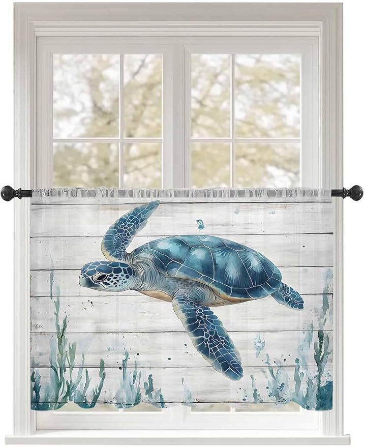 Sheer Curtains 54 Inch Length, Teal Green Ocean Turtle Semi Sheer Curtains Light Filtering Window Treatment, Coastal Seaweed Wood Grain Privacy Voile Drapes for Living Room Bedroom 52x54 Inch