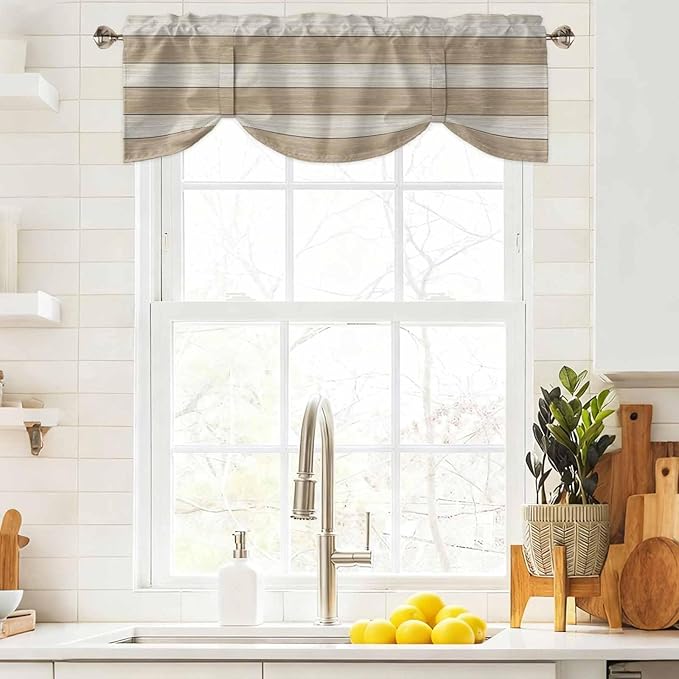 Brown Ombre Wooden Tie Up Valance Curtains for Windows, Kitchen Curtains Window Shades, Farmhouse Retro Khaki Wood Light Filtering Roman Curtain Valances for Bedroom/Bathroom/Cafe 60"x18"
