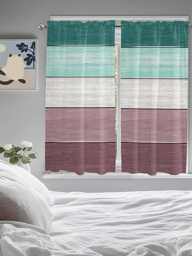 Retro Farm Woodcuts Texture Window Valance Curtains, Green Brown Gradient Light Filtering Kitchen Valance with 3-inch Rod Pocket for Living Room Bathroom Bedroom,2 Panel,52x72In