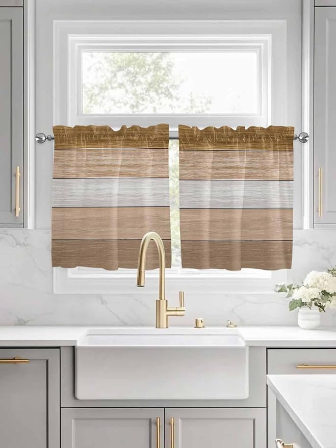 Retro Farm Wood Board Window Valance Curtains, Brown Graduality Striped Light Filtering Kitchen Valance with 3-inch Rod Pocket for Living Room Bathroom Bedroom,2 Panel,27.5x24In