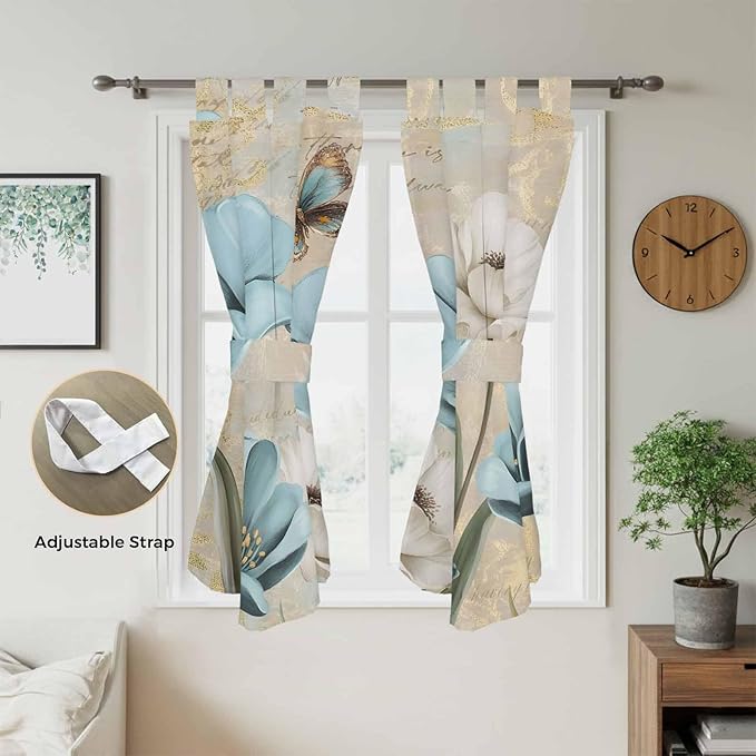 Spring Flowers Bathroom Curtains 63 Inch Length, Window Curtains Tab Top, Vintage Rustic Tulips Floral Butterfly Khaki Light Filtering Window Treatments Drapes 52"x63" 2 Panel