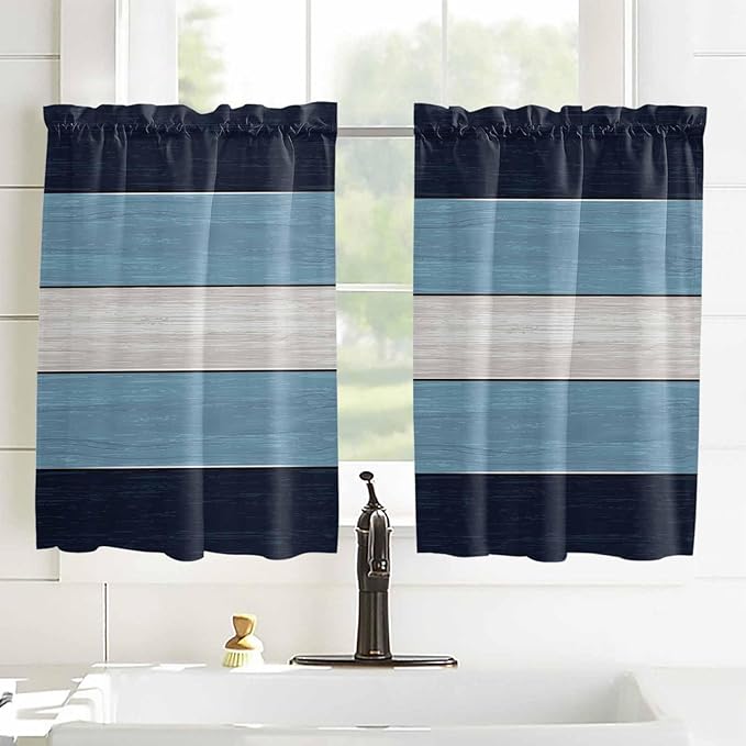 Vintage Country Woodcuts Window Valance Curtains, Blue Gradient Striped Light Filtering Kitchen Valance with 3-inch Rod Pocket for Living Room Bathroom Bedroom,2 Panel,42x54In