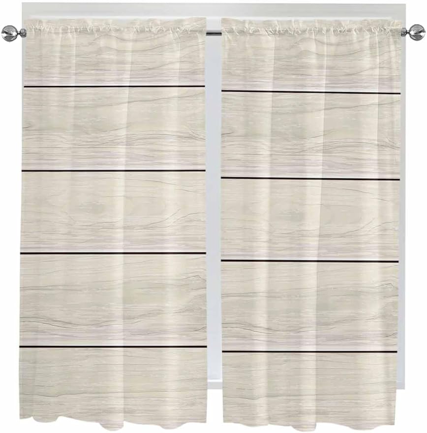 Vintage Country Wooden Board Window Valance Curtains, Gradient Wood Grain Line Light Filtering Kitchen Valance with 3-inch Rod Pocket for Living Room Bathroom Bedroom,2 Panel,52x72In