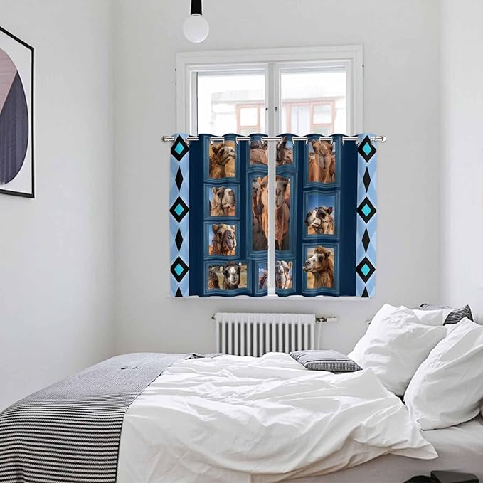 2 Panel Kitchen Cafe Curtains, Desert Camels Sunlight Filtering Nature Air Through, Home Decor Window Covering Tier Curtains for Living Room 104W x 72L inch Wildlife Brown Animals Blue Geometric