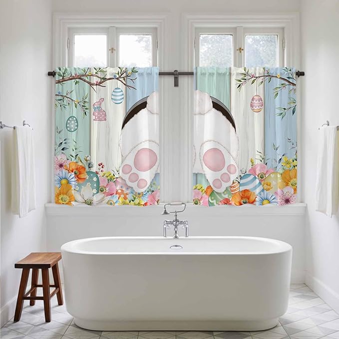 Easter Kitchen Tier Curtains 45 Inch Long 2 Panel Set,Rod Pocket Short Window Treatment,Spring Watercolor Bunny Eggs Wood Grain Teal Blue Light Filtering Curtains & Drapes for Bathroom 27.5"W x 45"L