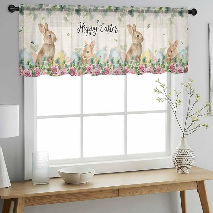 Easter Sheer Valances for Windows 60"x18", Light Filtering Kitchen Curtains Valance, Spring Watercolor Bunny Eggs Flower Leaf Beige Rod Pocket Chiffon Curtains for Living Room Bedroom Cafe