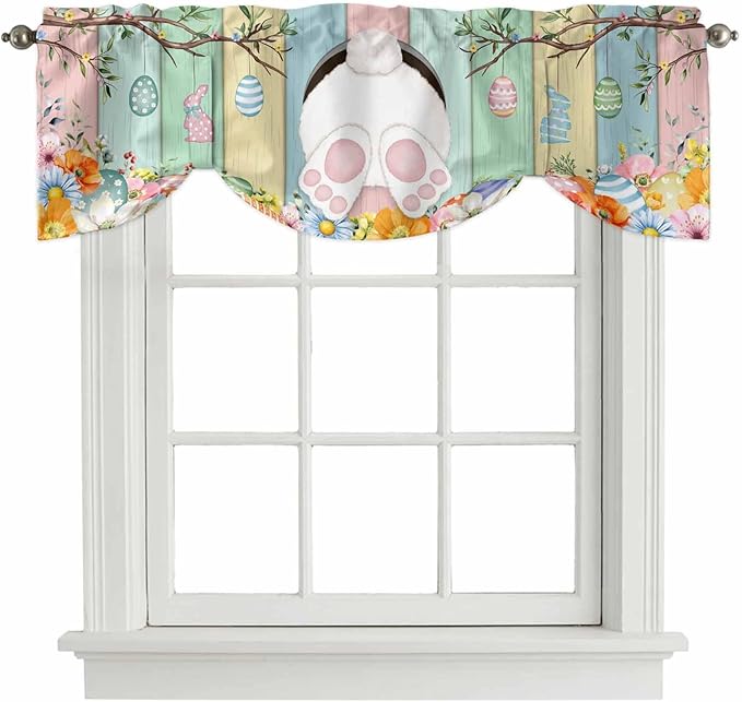 Easter Tie Up Valance Curtains for Windows, Kitchen Curtains Window Shades, Spring Colorful Bunny Eggs Flower Wood Grain Light Filtering Roman Curtain Valances for Bedroom/Bathroom/Cafe 42"x12"