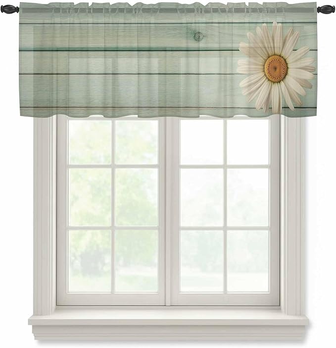 Daisy Flower Sheer Valances for Windows 60"x18", Light Filtering Kitchen Curtains Valance, Modern Art Floral Farmhouse Teal Wooden Grain Rod Pocket Chiffon Curtains for Living Room Bedroom Cafe