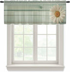 Daisy Flower Sheer Valances for Windows 42"x12", Light Filtering Kitchen Curtains Valance, Modern Art Floral Farmhouse Teal Wooden Grain Rod Pocket Chiffon Curtains for Living Room Bedroom Cafe