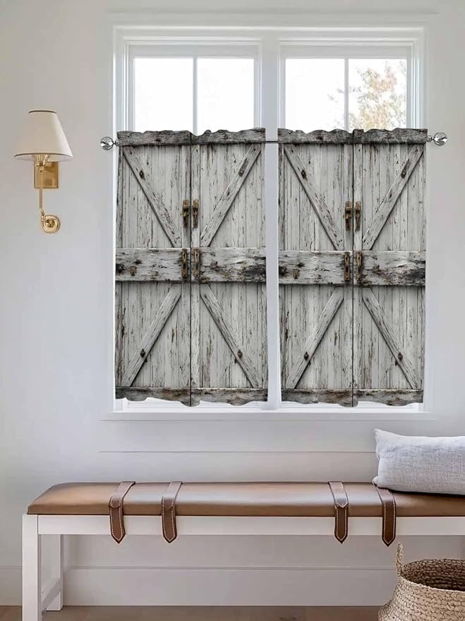 Vintage Gate Tier Curtains 45 Inches Long, Farmhouse Wooden Grain Shabby Chic Door Window Treatment Curtain Drapes, Small Curtain Drapes for Bathroom Laundry Room, 27.5"x45", 2 Panels