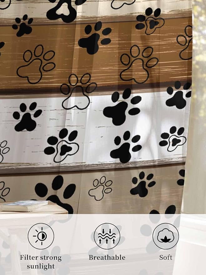 Sheer Curtains 63 Inch Length, Brown Beige Farmhouse Semi Sheer Curtains Light Filtering Window Treatment, Black Dog Paw Vintage Wooden Privacy Voile Drapes for Living Room Bedroom 52x63 Inch
