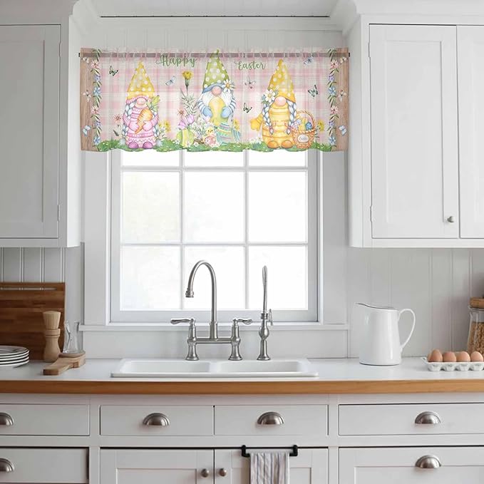 Happy Easter Sheer Valances for Windows 42"x18", Light Filtering Kitchen Curtains Valance, Spring Gnomes Duck Floral Eggs Pink Plaid Rod Pocket Chiffon Curtains for Living Room Bedroom Cafe