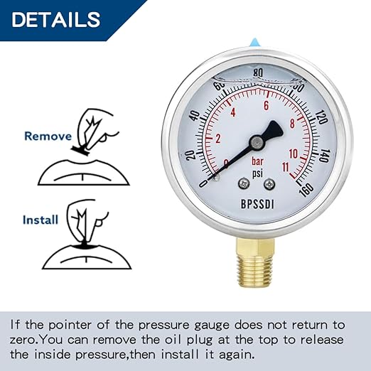 0-160 Psi Glycerin Liquid Filled Low Pressure Gauge, 2.5" Dial Size, 1/4" NPT Lower Mount, 304 Stainless Steel Case, for Water Pump, Pneumatic Air, RV Hose, Gas Pressure Test