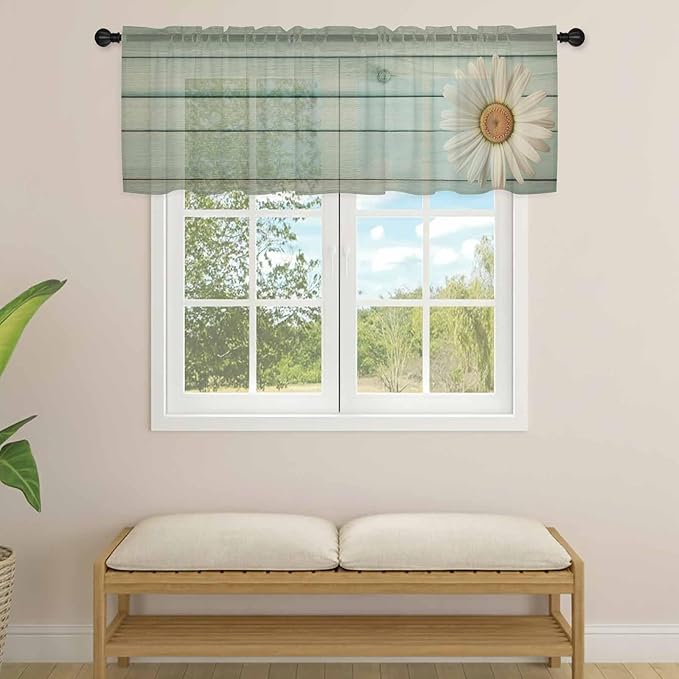 Daisy Flower Sheer Valances for Windows 42"x18", Light Filtering Kitchen Curtains Valance, Modern Art Floral Farmhouse Teal Wooden Grain Rod Pocket Chiffon Curtains for Living Room Bedroom Cafe