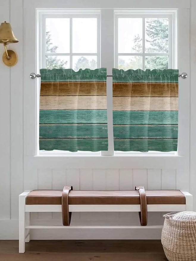 Vintage Plank Turquoise Brown Window Valance Curtains, Farmhouse Wood Grain Light Filtering Kitchen Valance with 3-inch Rod Pocket for Living Room Bathroom Bedroom,2 Panel,27.5x24In
