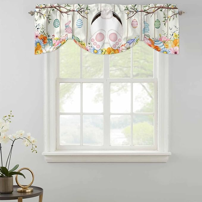 Easter Tie Up Valance Curtains for Windows, Kitchen Curtains Window Shades, Spring Farmhouse Watercolor Bunny Eggs Wood Grain Light Filtering Roman Curtain Valances for Bedroom/Bathroom/Cafe 42"x18"